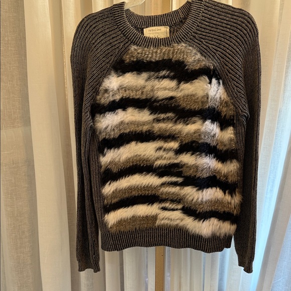 Atelier Nicole Miller Women's Fuzzy Rabbit Striped Sweater - Picture 1 of 7